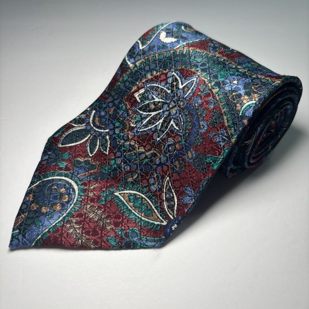 Christian Dior Mens Neck Tie Burgundy‎ Blue Green Paisley Floral Tie Vintage
